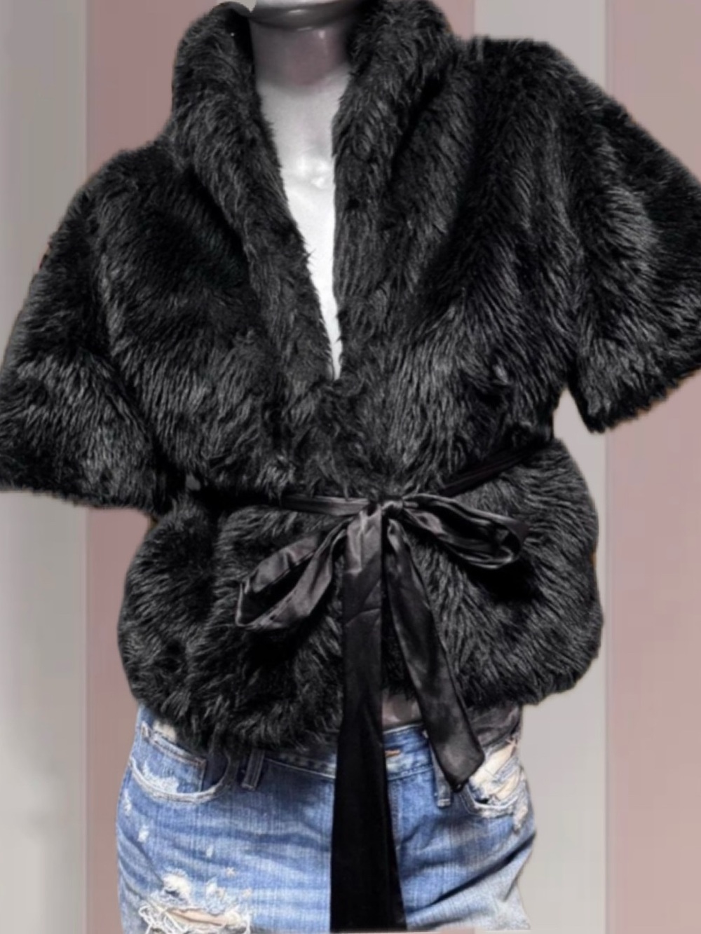 Y2K Faux-Fur Black Short Sleeve Jacket With Belted Waist